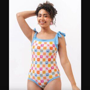 Lime Ricki Flower Check Bandeau One-Piece Swim Bathing Suit S